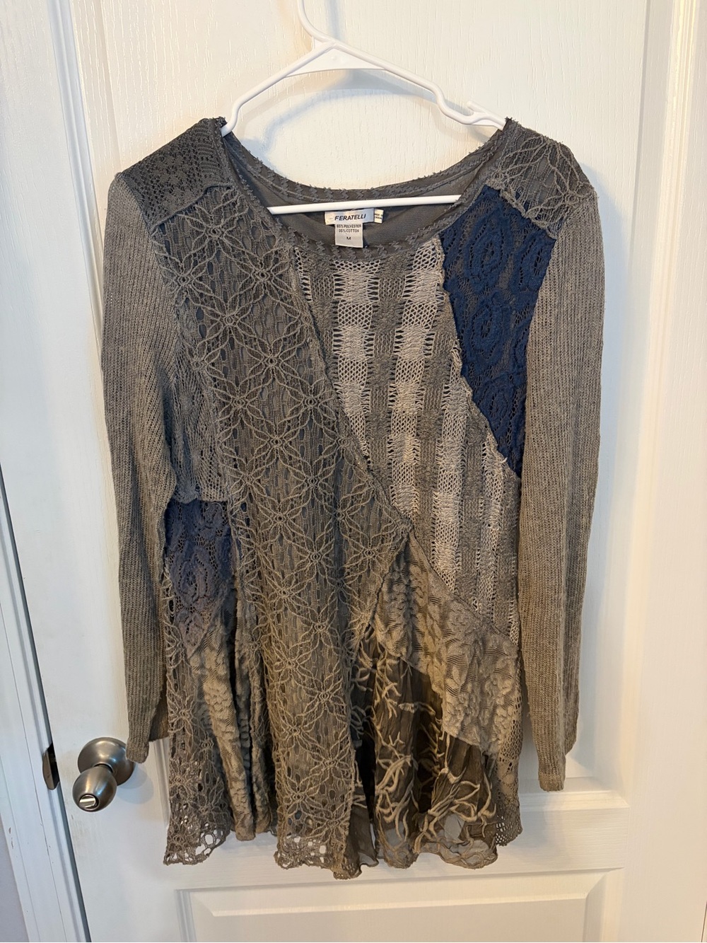 Ferafelli Gray Lace & Knit Patchwork Long Sleeve Top with Navy Accents